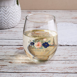 Vaso De Vino Boda floral Rústico y azul de la marina