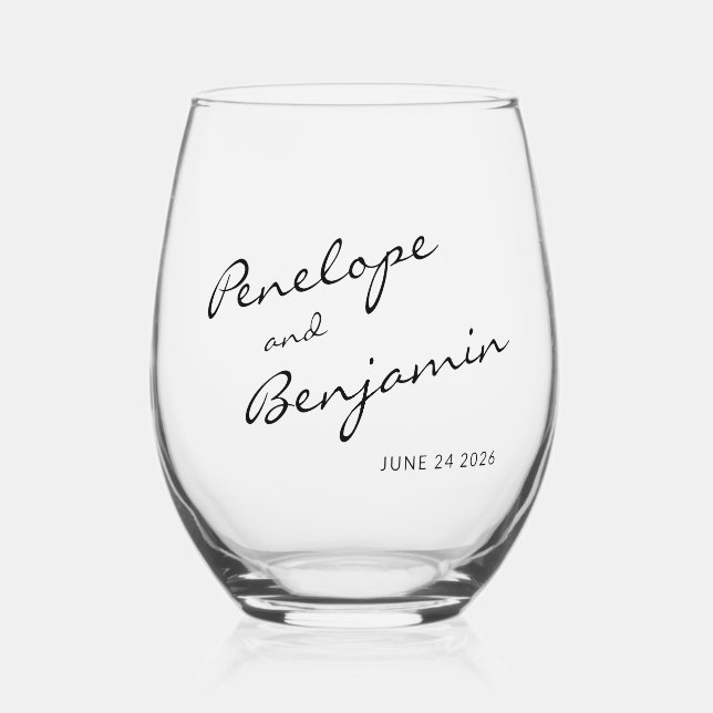 Vaso De Vino Boda minimalista Boho Black White Script Personali (Anverso)