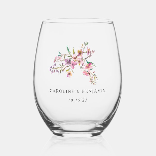 Vaso De Vino Boda Minimalista Boho Flores Silvestres Rosa Perso (Anverso)