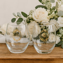 Vaso De Vino Boda Monograma Cresta Dorada Ornata