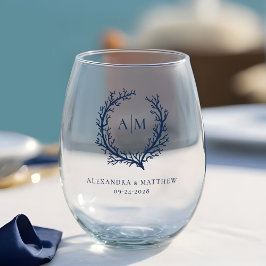 Vaso De Vino Boda Monograma de Arrecife de Coral Azul de la Arm
