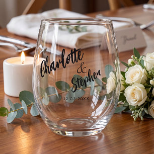 Vaso De Vino Boda personalizada en guión blanco negro
