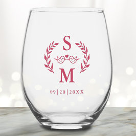 Vaso De Vino Boda personalizada Monograma moderno Wreath Magent