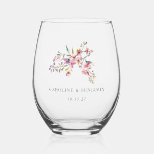 Vaso De Vino Boda Personalizado Boho Pink Wildflowers minimalis