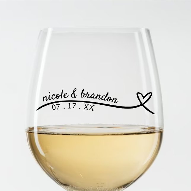 Vaso De Vino Boda simple de línea de corazón negro (Simple White & Black Heart Wedding Stemless Wine Glass)