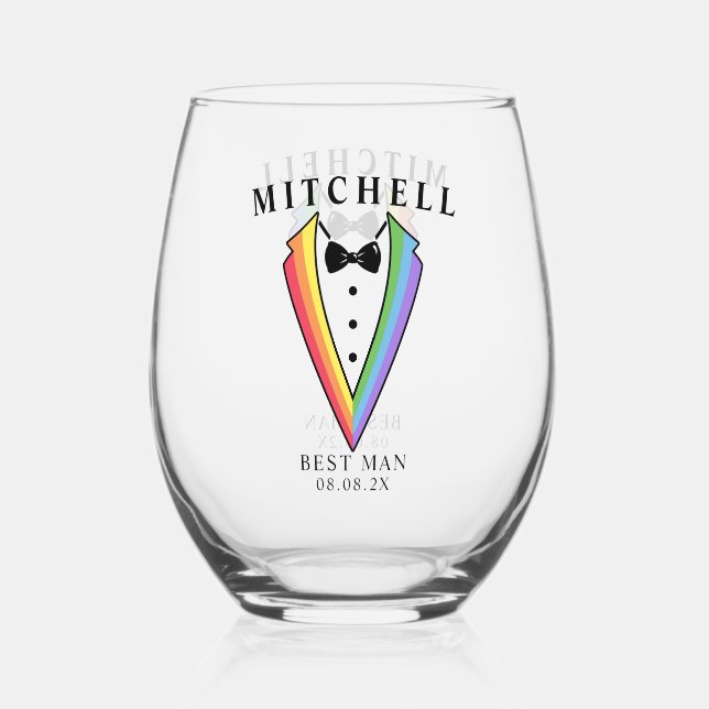 Vaso De Vino Boda Tuxedo Gay LGBTQ+ Mejor hombre (Anverso)