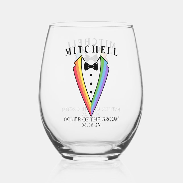 Vaso De Vino Boda Tuxedo Gay LGBTQ+ Padre del Groom (Anverso)