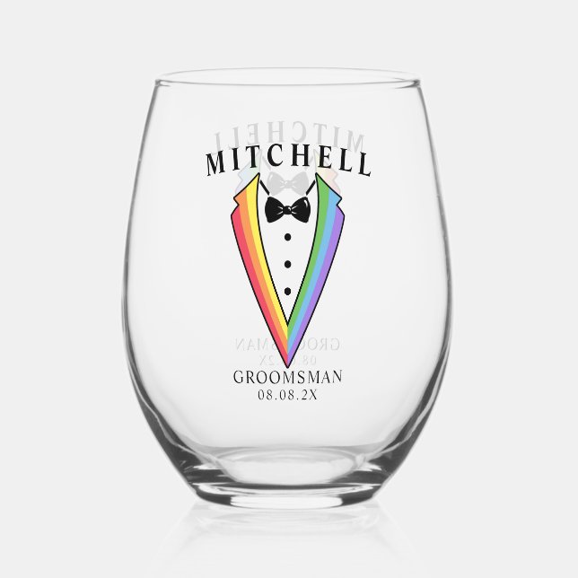 Vaso De Vino Boda Tuxedo Personalizado Groomsman Stemless Win (Anverso)