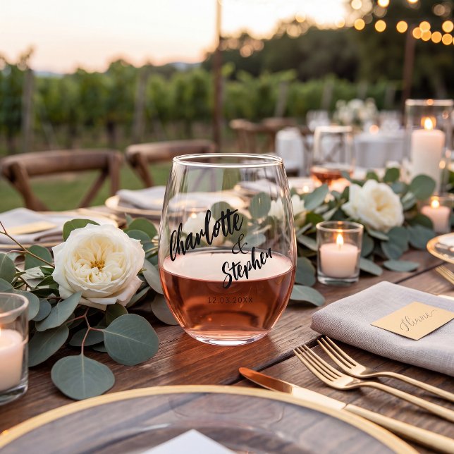 Vaso De Vino Boho black white minimalist script wedding custom  (Subido por el creador)