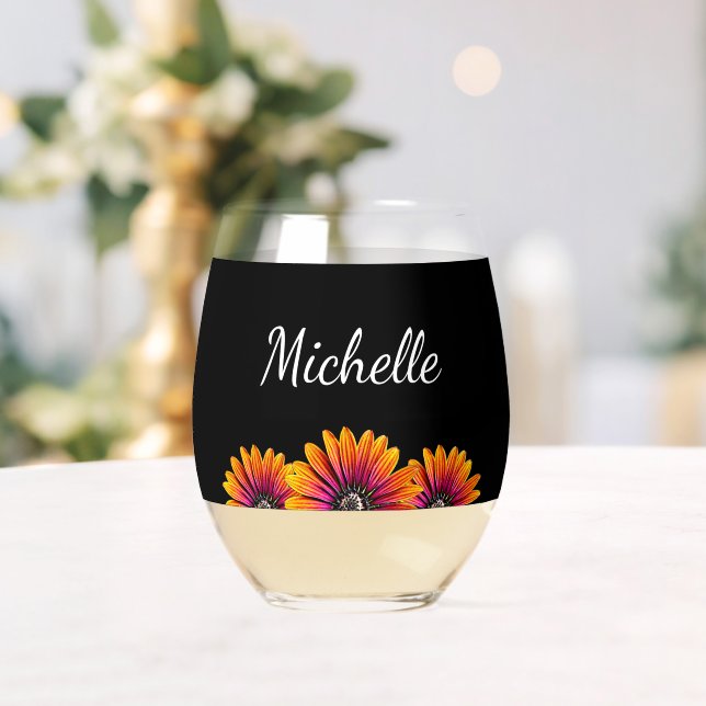 Vaso De Vino Boho Daisies Rústico Floral Botánico Negro (Insitu (Boda))