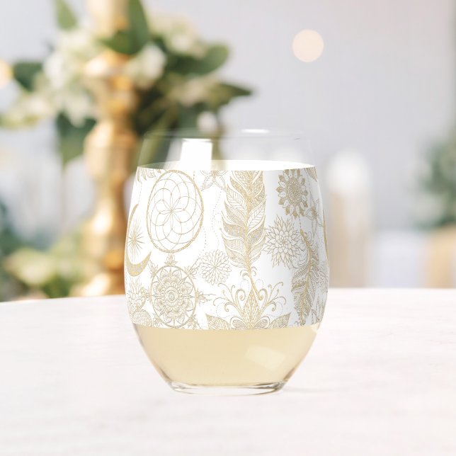 Vaso De Vino Boho White Gold Floral Fethers Dreamcatcher (Insitu (Boda))