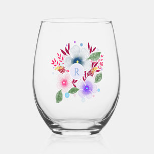 Vaso De Vino Bonito acuarela Floral Bouquet Monograma