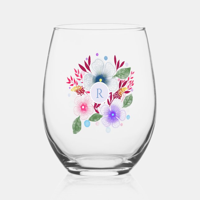 Vaso De Vino Bonito acuarela Floral Bouquet Monograma (Anverso)