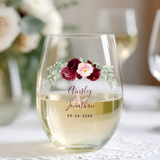 Vaso De Vino Borgoña Floral Ampersand Monogram Boda (Subido por el creador)