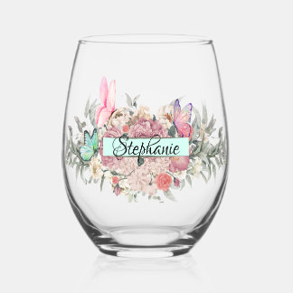 Vaso De Vino Botánicos de mariposa Flores elegantes personaliza