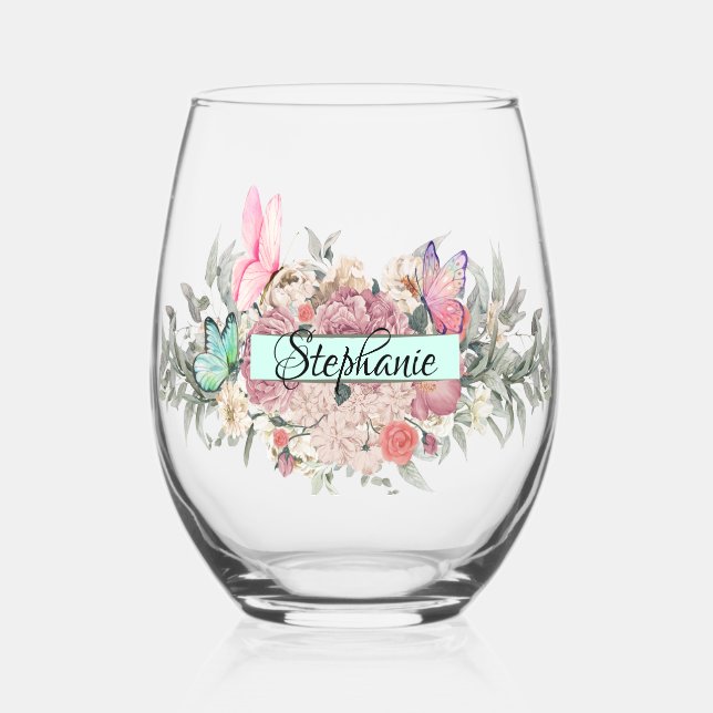 Vaso De Vino Botánicos de mariposa Flores elegantes personaliza (Anverso)