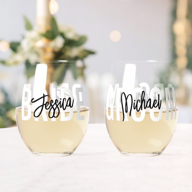 Vaso De Vino Bride Groom Brush Script Moderno (Insitu (Boda))