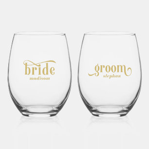 Vaso De Vino Bride, Groom Elegant Gold Typography