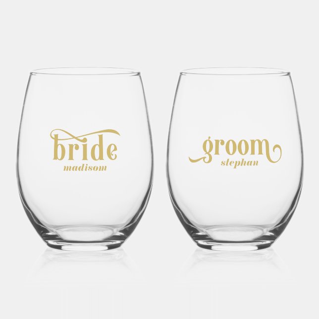 Vaso De Vino Bride, Groom Elegant Gold Typography (Anverso)