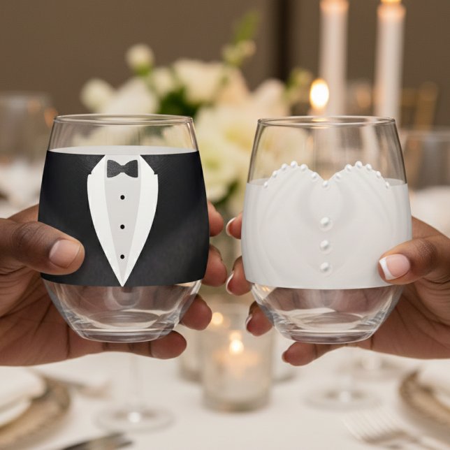 Vaso De Vino Bride & Groom Suit Boda Vestido Sr. y Sra. (Bride & Groom Suit Wedding Dress Mr. & Mrs Stemless Wine Glass
)