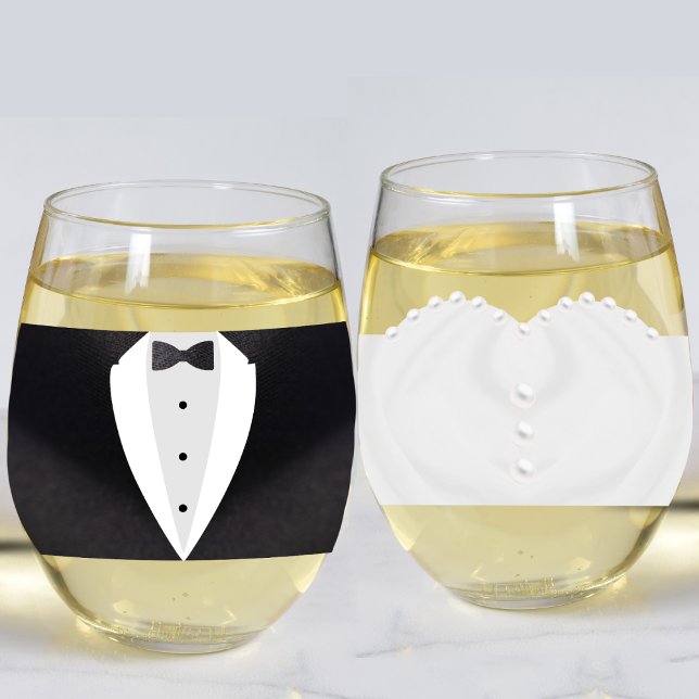 Vaso De Vino Bride & Groom Suit Boda Vestido Sr. y Sra. (Bride & Groom Suit Wedding Dress Mr. & Mrs Stemless Wine Glass
)
