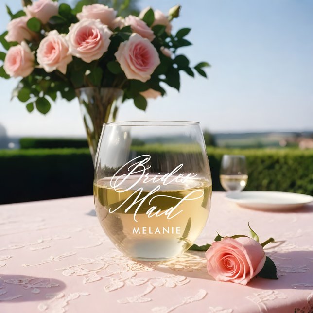 Vaso De Vino Bridesmaid Elegant Script Nombre Partido de la Bod (Bridesmaid Elegant Script Name Wedding Party Stemless Wine Glass)
