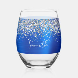 Vaso De Vino Brillo de Plata Azul Real Glam Nombre