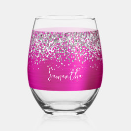 Vaso De Vino Brillo de Plata Rosa Caliente Nombre Glam