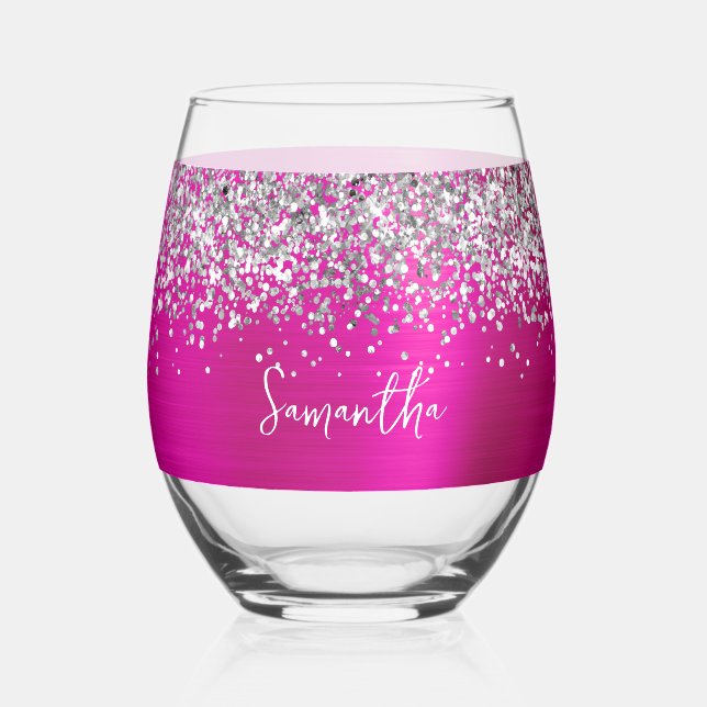 Vaso De Vino Brillo de Plata Rosa Caliente Nombre Glam (Anverso)