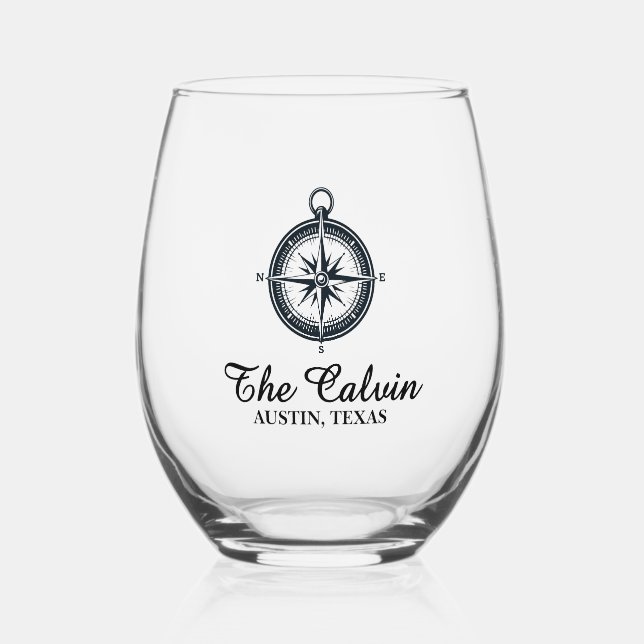 Vaso De Vino Brújula con nombre de barco (Anverso)