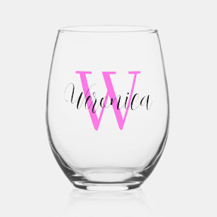 Vaso De Vino Bubblegum Nombre inicial y negro rosa   Elegante