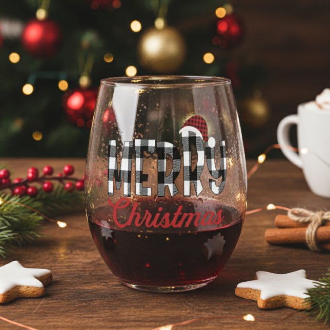 Vaso De Vino Búfalo Agradable Y De Moda Jugado Feliz Navidad (Cute And Trendy Buffalo Plaid Merry Christmas Stemless Wine Glass)