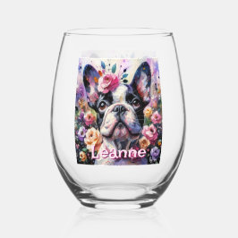 Vaso De Vino Bulldog francés con Rosas floral personalizado