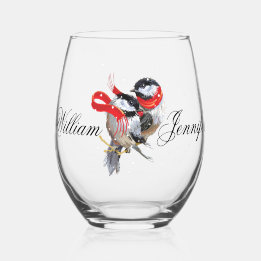 Vaso De Vino Cachadas de Chickadees personalizadas de Navidad