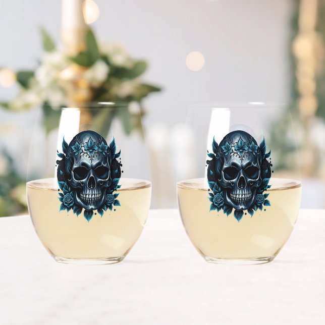 Vaso De Vino Calavera azul oscuro con rosas. (Insitu (Boda))