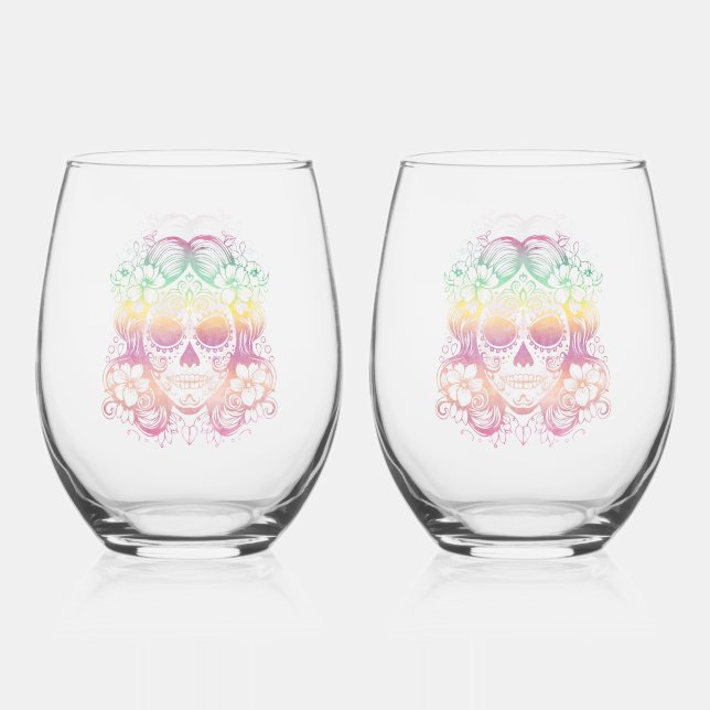 Vaso De Vino Calavera de azúcar hermosa Día de la Catrina de lo (Anverso)