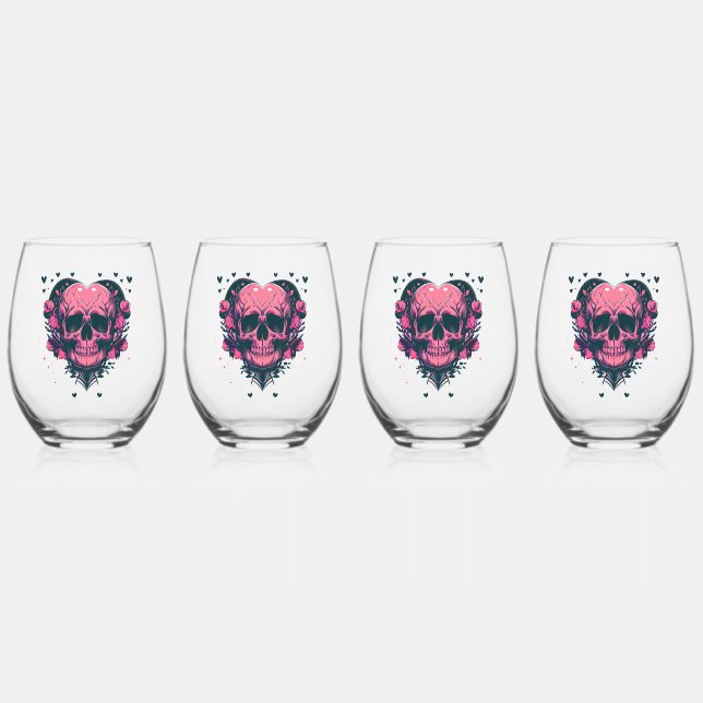 Vaso De Vino Calavera del Corazón Negro Rosa Rojo Retro (Anverso)
