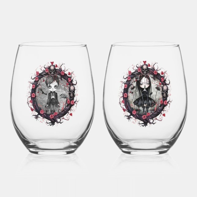 Vaso De Vino Calaveras de parejas góticas y Rosas (Anverso)
