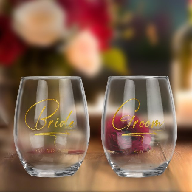 Vaso De Vino Caligrafía moderna Novia & Groom Gold ID1025 (Subido por el creador)