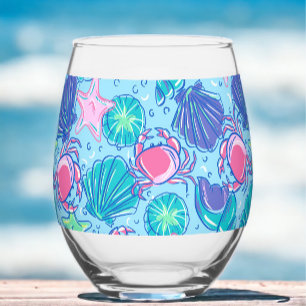 Vaso De Vino Cangrejos Caparazones Playa Preppy Rosa 