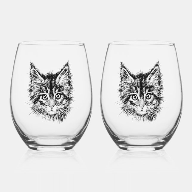 Vaso De Vino Cara de gatito negro y blanco (Anverso)