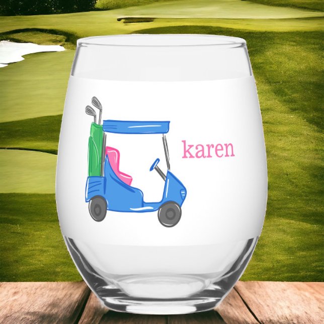 Vaso De Vino Carro de golf azul Preppy Personalizado (Subido por el creador)