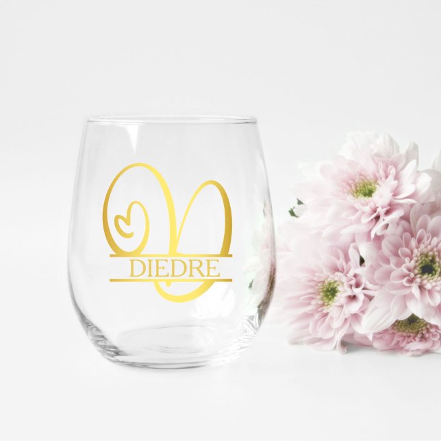 Vaso De Vino Carta D Monograma regalo de dama de honor, elegant (stemless wine glass for a bridesmaid gift that has a gold split d monogram and customized with name)
