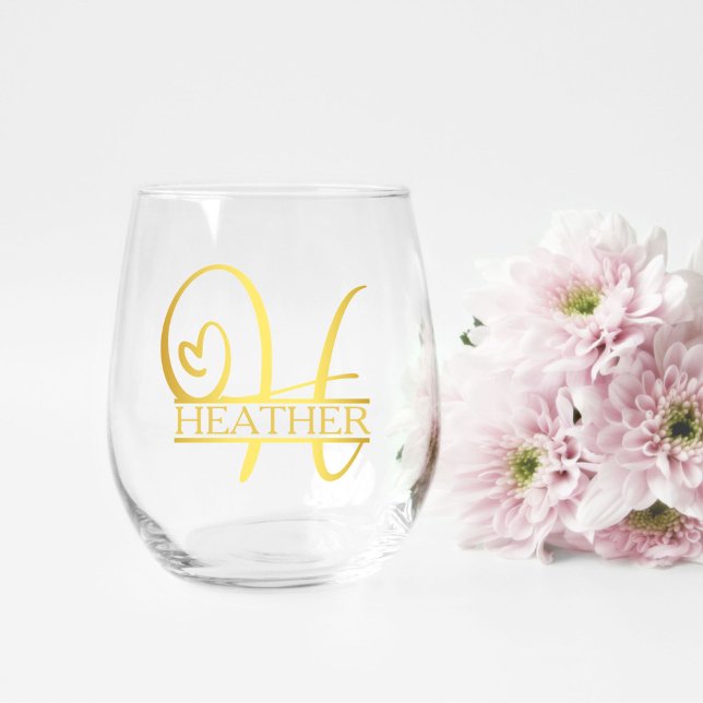 Vaso De Vino Carta H Monograma regalo de dama de honor, elegant (stemless wine glass for a bridesmaid gift that has a gold split H monogram and customized with name)