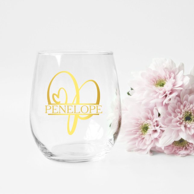 Vaso De Vino Carta P Monograma regalo de dama de honor, elegant (stemless wine glass for a bridesmaid gift that has a gold split P monogram and customized with name)