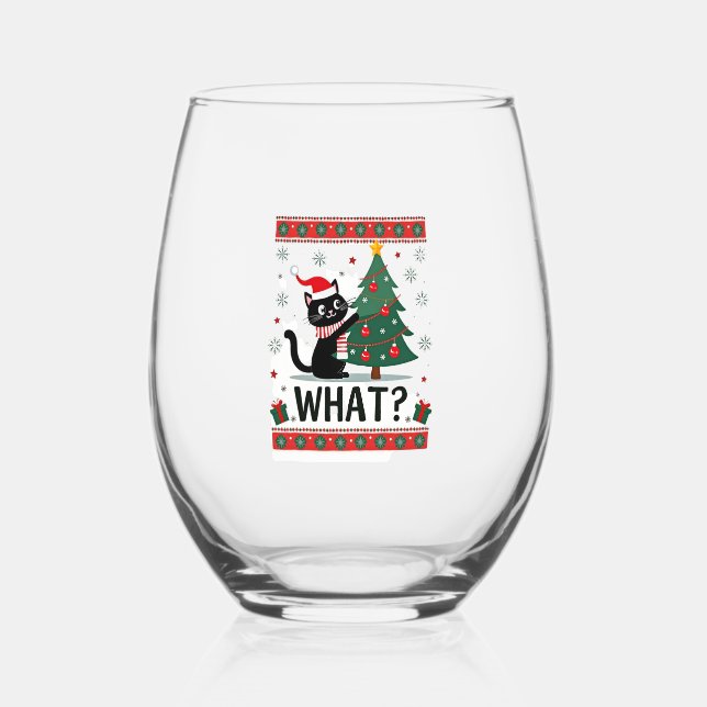 Vaso De Vino Cat What Funny Black Cat Pushing Christmas Tree Ug (Anverso)