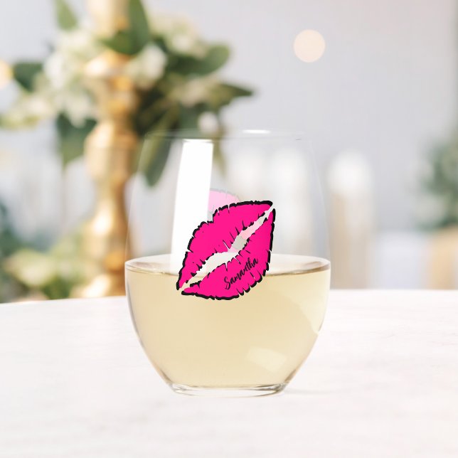Vaso De Vino Cebra simple con labios rosados personalizados (Insitu (Boda))