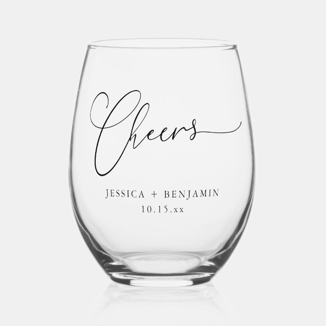 Vaso De Vino Cheers Minimal Black Script Custom Wedding Favor (Anverso)