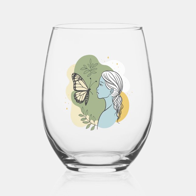 Vaso De Vino Chica y mariposa. Gentil y romántico (Anverso)