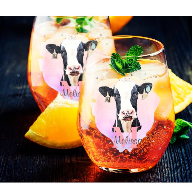 Vaso De Vino Chicas de monograma bonito Nombre vaca holstein ro (Dairy Cow Holstein Farming Stemless Wine Glass.)
